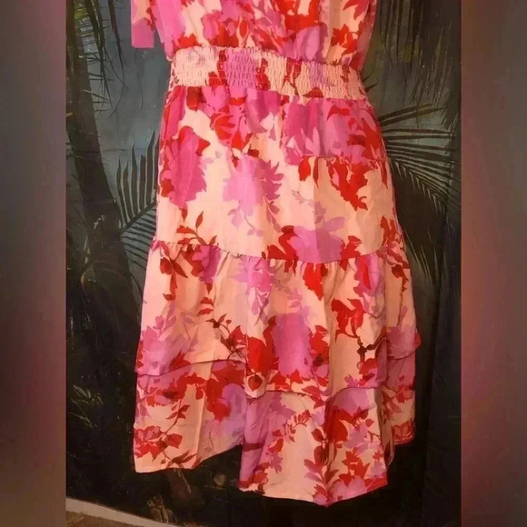 Pink and Red Floral Tie Front One Shoulder Knee-Length Sundress - Picture 4 of 12